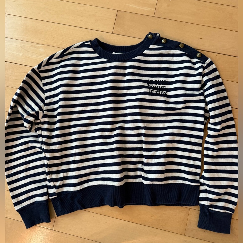 Mango Navy and White Striped Crewneck Sweater